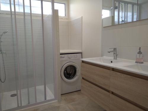 ein weißes Badezimmer mit einer Waschmaschine und einem Waschbecken in der Unterkunft La Bernaudine in Annonay