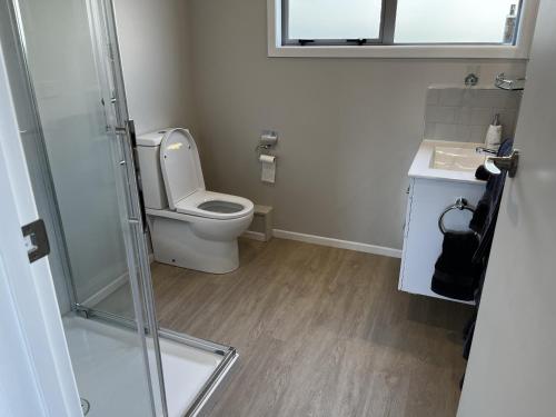 a bathroom with a toilet and a glass shower at Raglan Retreat on Gilmour in Raglan