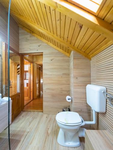 a bathroom with a white toilet and a wooden ceiling at Pensiunea Eric in Curtea de Argeş