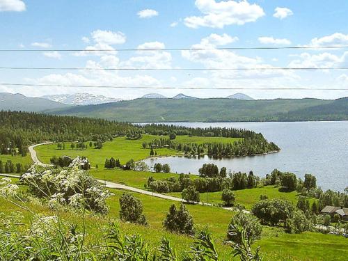 a green field with a lake and mountains in the background at 6 person holiday home in Nordli in Holand