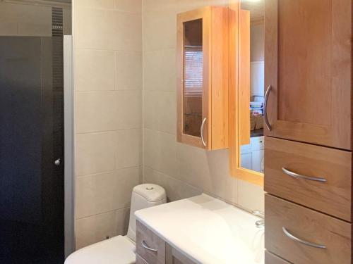 a bathroom with a toilet and a sink and a cabinet at 8 person holiday home in Byrkjelo-By Traum in Byrkjelobrua