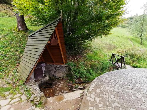 une petite maison pour chiens assise au-dessus d'une passerelle dans l'établissement Хостел Васкул, à Kvasy