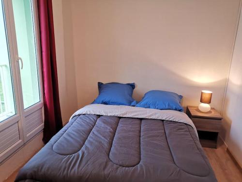 a bed with blue pillows in a room with a window at apartment near the Breton coast 5 Location appartement près des côtes bretonnes in Saint-Brieuc