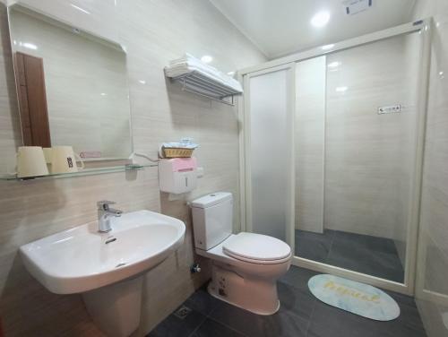La salle de bains est pourvue de toilettes, d'un lavabo et d'une douche. dans l'établissement 怡然自得-智能主題民宿, à Zhushan