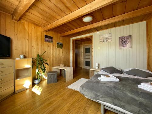 a bedroom with a bed and a tv and wooden walls at Apartament na Uboczu. in Kościelisko