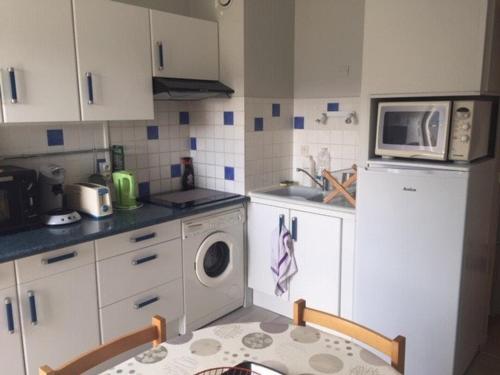 une cuisine avec un lave-linge et un micro-ondes dans l'établissement Studio cosy 4 pers, ascenseur, proche pistes - FR-1-602-85, à Arette