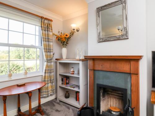 a living room with a fireplace and a mirror at Honeybee Cottage in Ripon