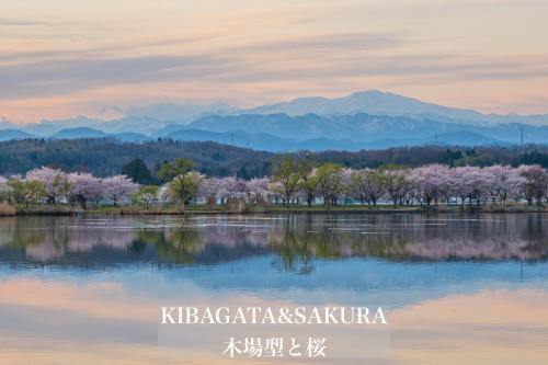 a lake with trees and mountains in the background at Henn na Hotel Komatsu Ekimae in Komatsu