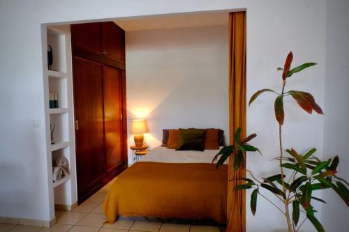 ein Schlafzimmer mit einem Bett und einer Pflanze in der Unterkunft Casa Yuma in Costa Teguise