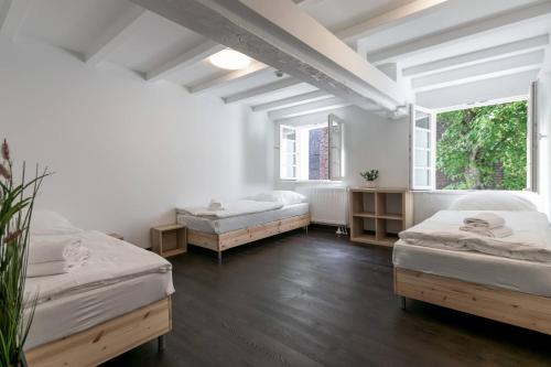 a room with two beds and two windows at T&K Apartments - Several Apartments in Wegberg in Wegberg