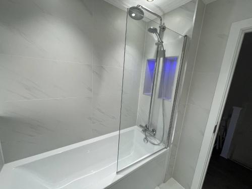 La salle de bains est pourvue d'une douche avec une porte en verre. dans l'établissement London West Ham Apartments, à Londres