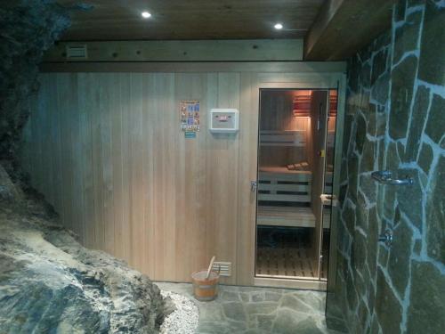 a room with a shower with a door in a building at Lil´s Dahoam in Zell am See