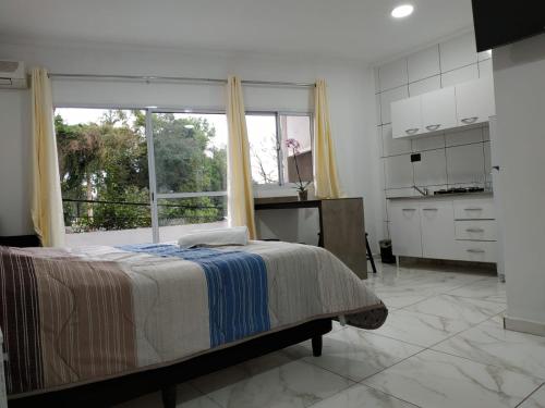 伊瓜蘇港的住宿－Tres Fronteras Apart 1，一间卧室设有一张床和一个大窗户