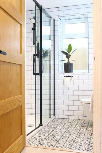 a bathroom with a shower with a potted plant at Lovely 1 BR Headington apartment with FREE parking in Oxford