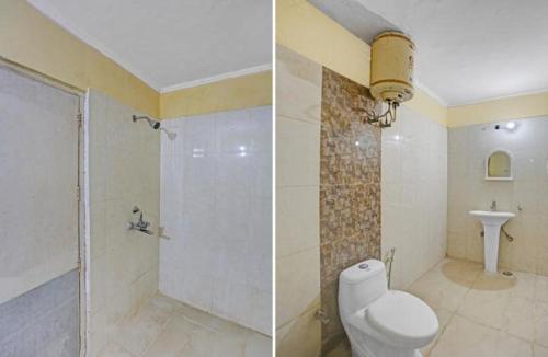 twee foto's van een badkamer met een toilet en een douche bij Hotel Ashvins Palace in Gurgaon