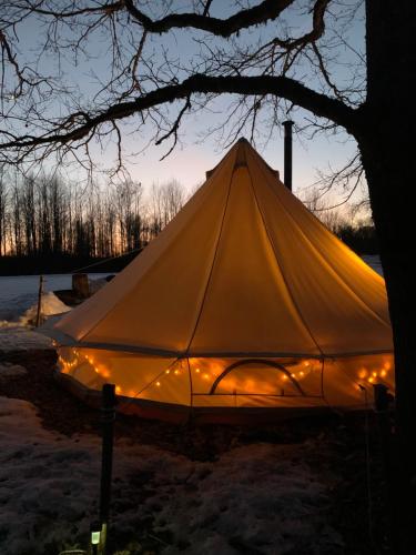 a large tent sitting under a tree with lights at Karula Stay - Exclusive Glamping Experience with Private Sauna in Ähijärve