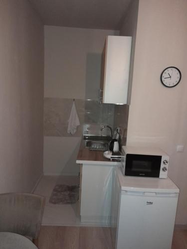 eine kleine Küche mit einer Spüle und einer Mikrowelle in der Unterkunft Gray Apartament 2 Pristina in Pristina