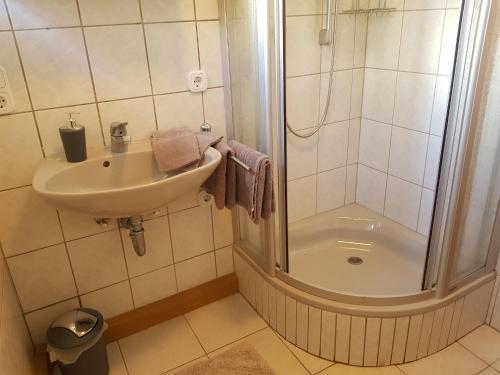 La salle de bains est pourvue d'un lavabo et d'une douche. dans l'établissement Ferienwohnungen Kumpf, à Bad Aibling