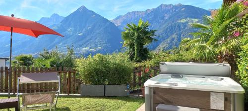 a outdoor grill with a view of a mountain at Hilburgerhof in Schenna
