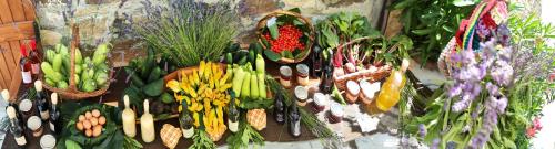 a display of fruits and vegetables on a table at Il Torrione del Trebbia in Bobbio