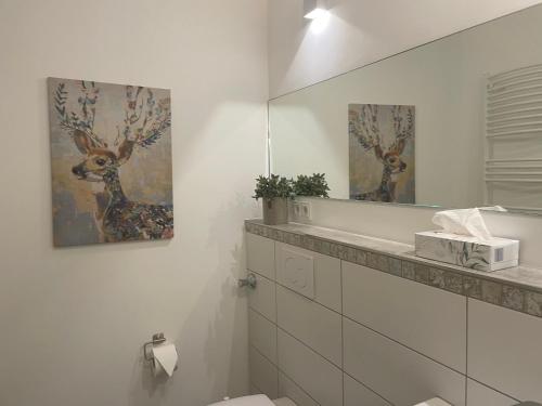uma casa de banho com um lavatório, um espelho e um WC. em Weberhof Apartment 2 em Münster