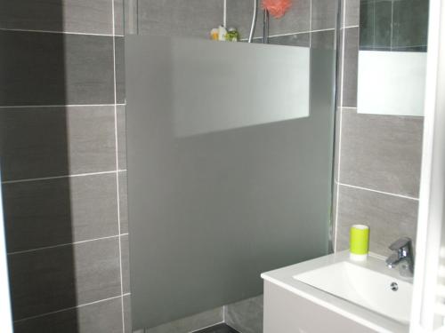 une salle de bain avec un lavabo et une douche dans l'établissement Appartement cosy 2 chambres avec balcon, cuisine équipée, animaux acceptés - FR-1-557-91, à Les Adrets