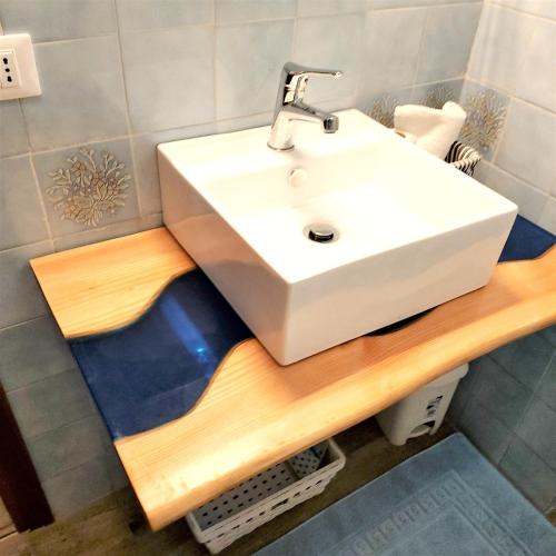 a white sink on a wooden counter in a bathroom at One bedroom apartement at Marina di Ravenna 400 m away from the beach with enclosed garden and wifi in Marina di Ravenna