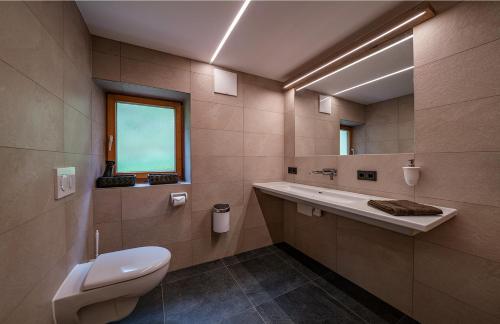 a bathroom with a toilet and a sink and a mirror at Sonnentalhof in Itter