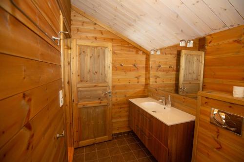 a bathroom with a sink in a wooden cabin at Sirdal Mountain Lodge, ski in-out in Sinnes