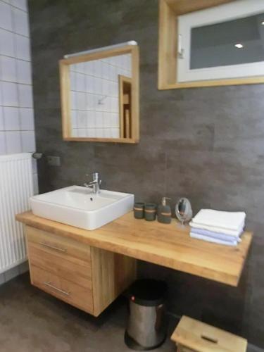 a bathroom with a sink and a mirror at Ferienwohnungen Binder in Mauth
