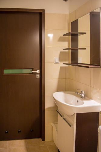 a bathroom with a sink and a wooden door at U Pazdurka in Szczawnica