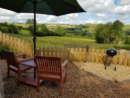 a grill and two chairs with an umbrella and a bbq at Foxglove Accommodation in Craven Arms