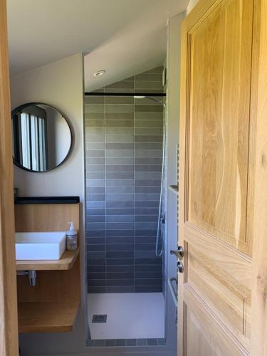 a bathroom with a shower with a sink and a mirror at La Maison Vivante, chambres d'hotes au coeur du Perche in Les Étilleux
