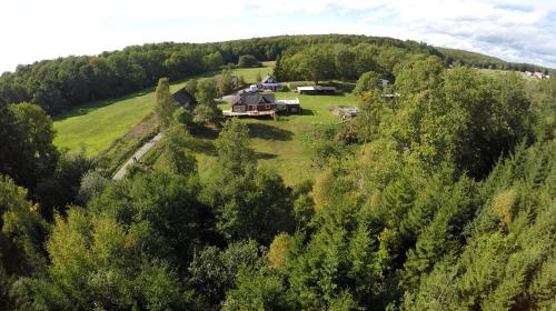eine Luftansicht eines Hauses inmitten eines Waldes in der Unterkunft Landhouse in Olofström