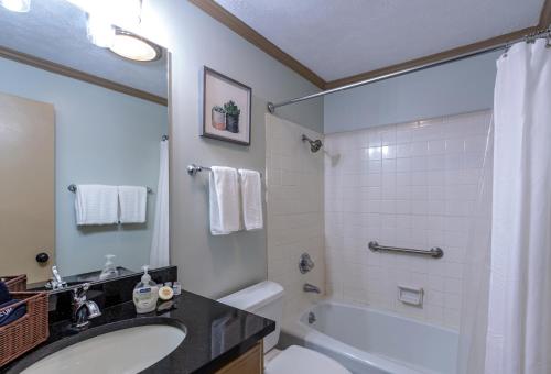 a bathroom with a sink and a tub and a toilet at Treehouse Lodge at Sugar Mountain in Sugar Mountain