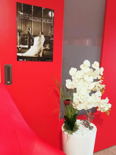 a red wall with a picture and a white plant at Al Cavaliere in Pordenone