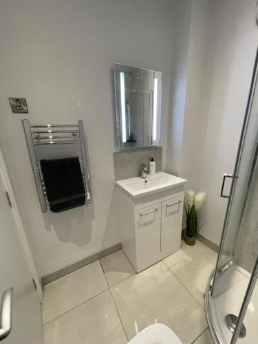 uma casa de banho branca com um lavatório e um espelho em Harvey Apartments em Derry Londonderry