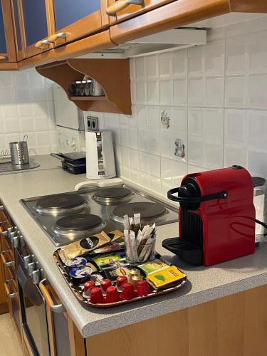 a kitchen counter with a stove with a tray of food at Sunrise pearl in Attika Riviera apt and Parking in Rafina