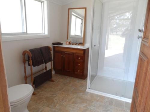 a bathroom with a shower and a toilet and a sink at Grampians Historic Tobacco Kiln in Moutajup