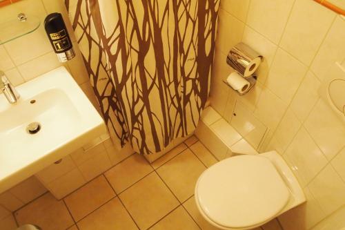 ein Badezimmer mit einem weißen WC und einem Waschbecken in der Unterkunft Hotel Imperial in Hamburg