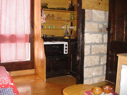 a kitchen with a stove top oven in a room at Zeleni Čardaci etno apartmani in Kaludjerske Bare