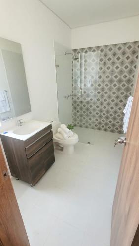 a bathroom with a sink and a toilet and a shower at Casa de ensueño Alto Turmequé a 5 min de Tibasosa in Tibasosa