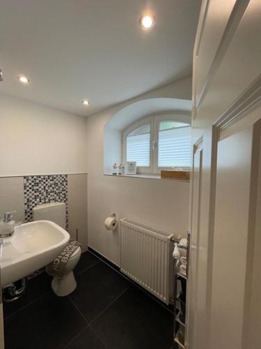 a bathroom with a sink and a toilet at VILLA EMMILIO einzigartiges City Apartement 73 qm in Bad Oeynhausen
