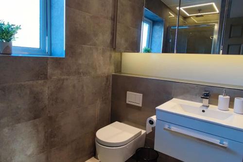 uma casa de banho com um WC, um lavatório e um espelho. em Comfortable 1 Bed flat with Air Con em Borehamwood