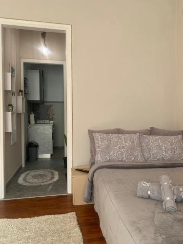 a bedroom with a bed and a door to a kitchen at Petra's house in Florina