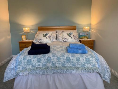 a bedroom with a large bed with blue pillows at Sighthill Cottage, North Tolsta in Stornoway