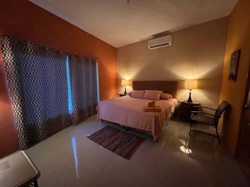 a bedroom with a bed and a chair and a window at APARTHOTEL VISTA LAGO in Flores