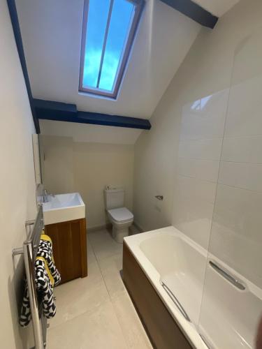 a bathroom with a tub and a toilet and a window at Y Stabl 94a in Denbigh