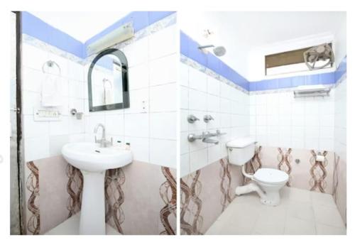 two pictures of a bathroom with a sink and a toilet at HOTEL ARINA in Chandīgarh