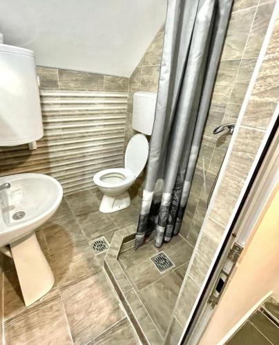 e bagno con doccia, servizi igienici e lavandino. di Apartman K3 a Kraljevo